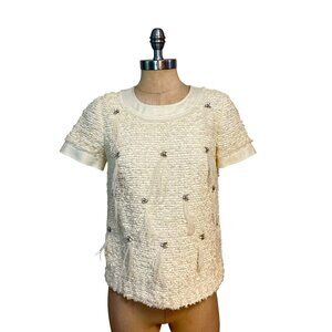 J.Crew Collection Embellished Rhinestones Tweed Top Cream White Size 0 NWT